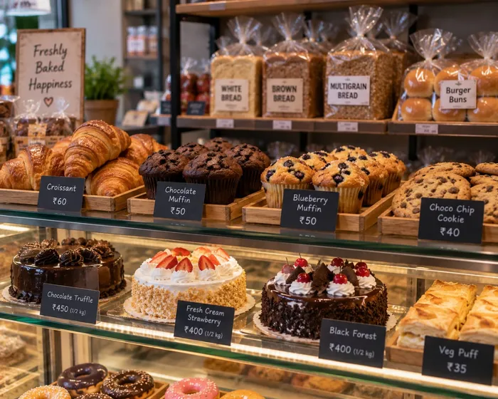 Bakery display in a shop using Store Mitr for billing