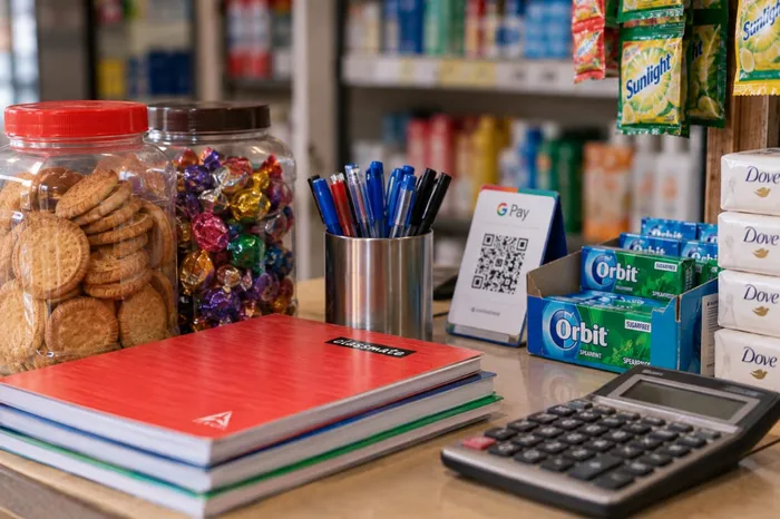 जनरल स्टोर के काउंटर पर StoreMitr से बिलिंग